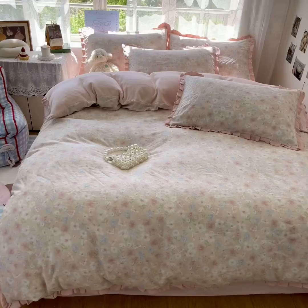 91家纺网 家纺一手货源 找家纺 （总）桃子家居 2025新款A类韩版花边皱皱纱纯棉有氧双层纱加全消光加厚牛奶绒高品质棉加绒暖纱绒四件套