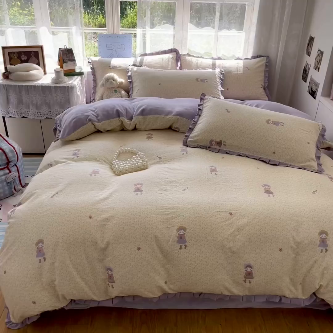 91家纺网 家纺一手货源 找家纺 桃子家居 2025新款A类韩版花边皱皱纱纯棉有氧双层纱加全消光加厚牛奶绒高品质棉加绒暖纱绒四件套 暖纱绒-蝴蝶女孩