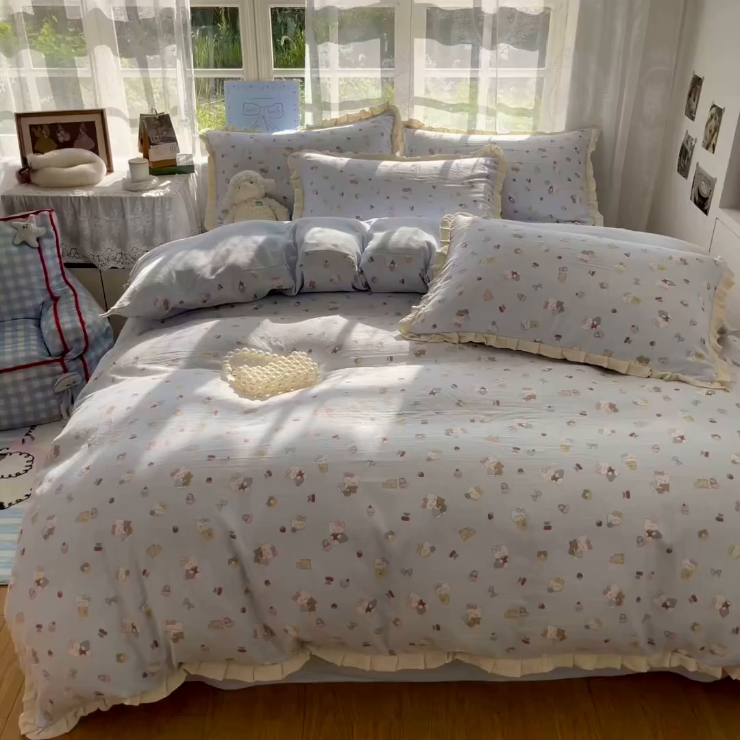 91家纺网 家纺一手货源 找家纺 桃子家居 2025新款A类韩版花边皱皱纱纯棉有氧双层纱加全消光加厚牛奶绒高品质棉加绒暖纱绒四件套 暖纱绒-喵可爱蓝