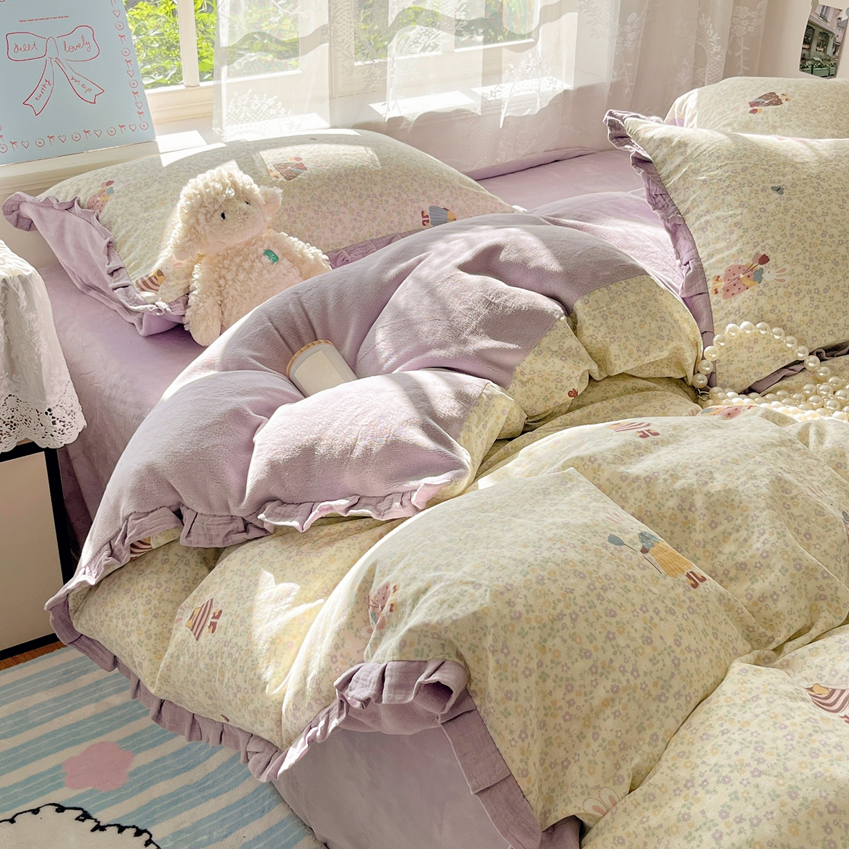 91家纺网 家纺一手货源 找家纺 桃子家居 2025新款A类韩版花边皱皱纱纯棉有氧双层纱加全消光加厚牛奶绒高品质棉加绒暖纱绒四件套 暖纱绒-美美兔