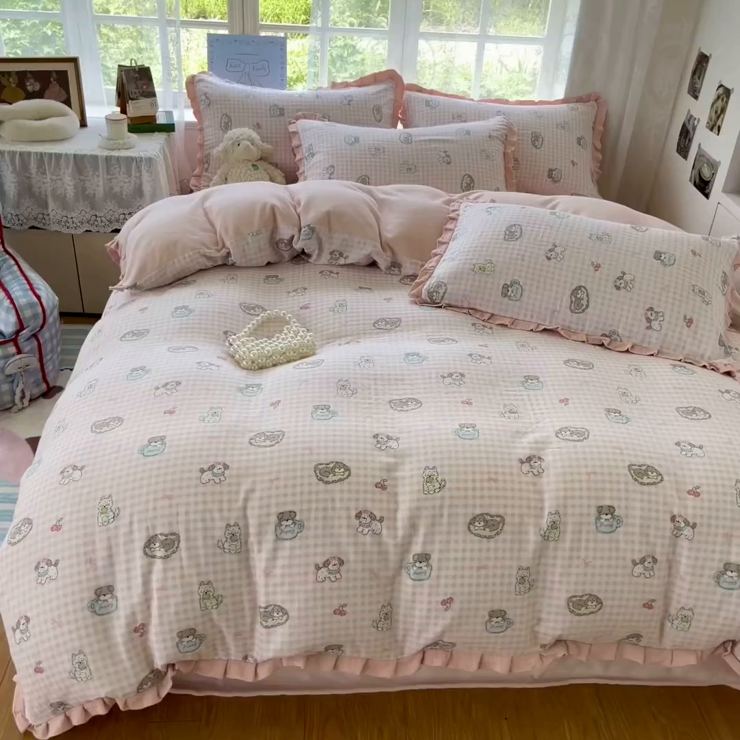 91家纺网 家纺一手货源 找家纺 桃子家居 2025新款A类韩版花边皱皱纱纯棉有氧双层纱加全消光加厚牛奶绒高品质棉加绒暖纱绒四件套 暖纱绒-小甜心