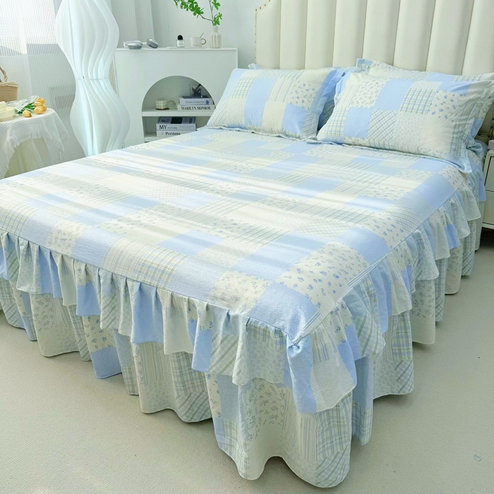 91家纺网 家纺一手货源 找家纺 九诺家纺 2025秋冬新款加厚皱皱纱床裙四件套双花边工艺床裙 南笙假日