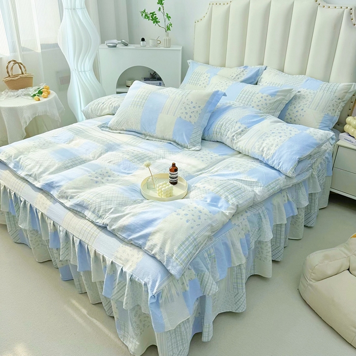 91家纺网 家纺一手货源 找家纺 九诺家纺 2025秋冬新款加厚皱皱纱床裙四件套双花边工艺床裙 南笙假日