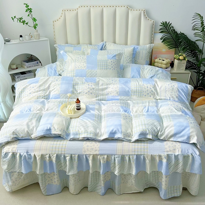 91家纺网 家纺一手货源 找家纺 九诺家纺 2025秋冬新款加厚皱皱纱床裙四件套双花边工艺床裙 南笙假日