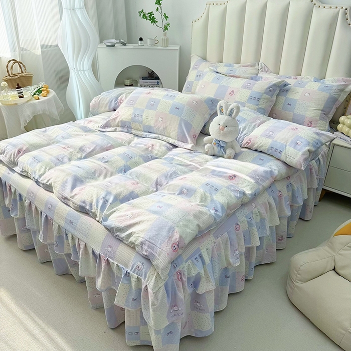 91家纺网 家纺一手货源 找家纺 九诺家纺 2025秋冬新款加厚皱皱纱床裙四件套双花边工艺床裙 拉布伙伴-兰