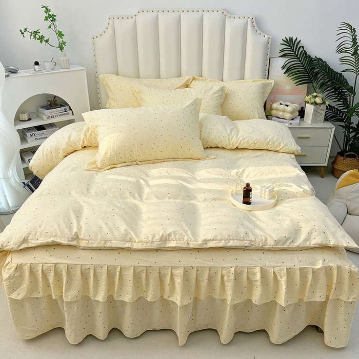 91家纺网 家纺一手货源 找家纺 九诺家纺 2025秋冬新款加厚皱皱纱床裙四件套双花边工艺床裙 奶油布丁