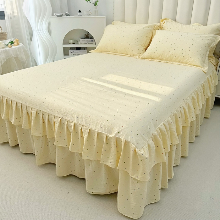 91家纺网 家纺一手货源 找家纺 九诺家纺 2025秋冬新款加厚皱皱纱床裙四件套双花边工艺床裙 奶油布丁