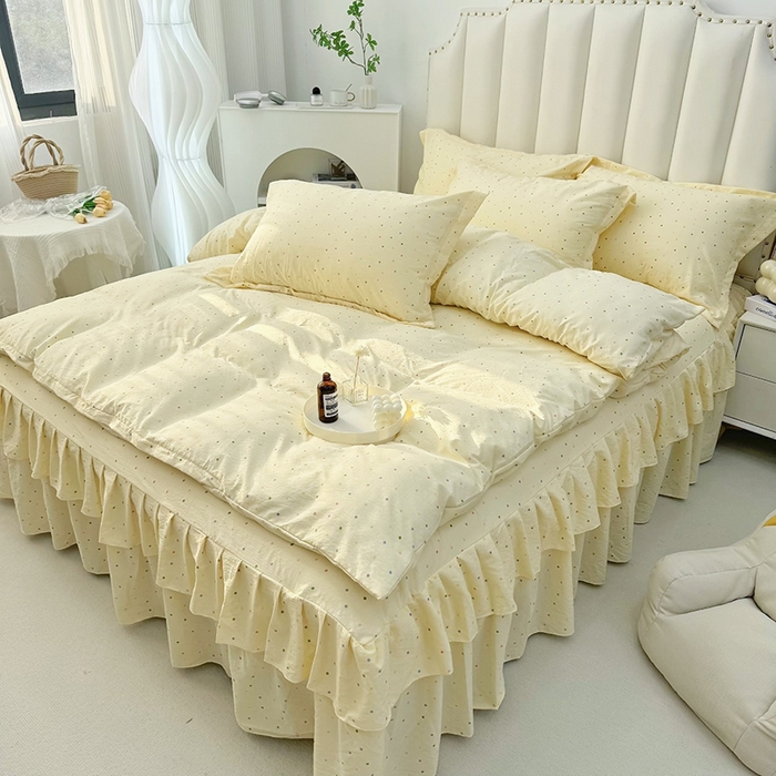 91家纺网 家纺一手货源 找家纺 九诺家纺 2025秋冬新款加厚皱皱纱床裙四件套双花边工艺床裙 奶油布丁