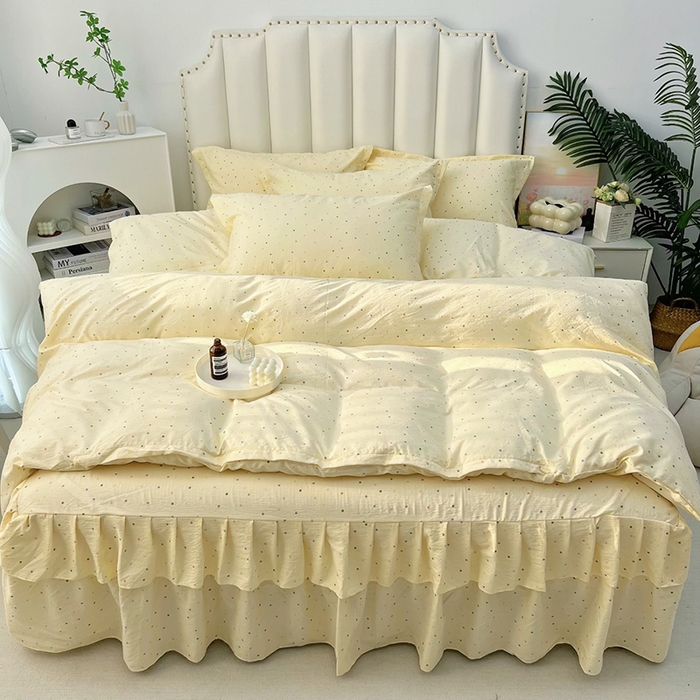 九诺家纺 2025秋冬新款加厚皱皱纱床裙四件套双花边工艺床裙 奶油布丁