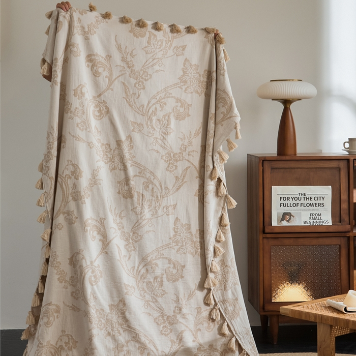 91家纺网 家纺一手货源 找家纺 大彩家居 2025新款棉麻流苏毯 暖雾