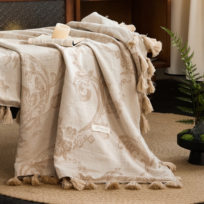 91家纺网 家纺一手货源 找家纺 大彩家居 2025新款棉麻流苏毯 暖雾