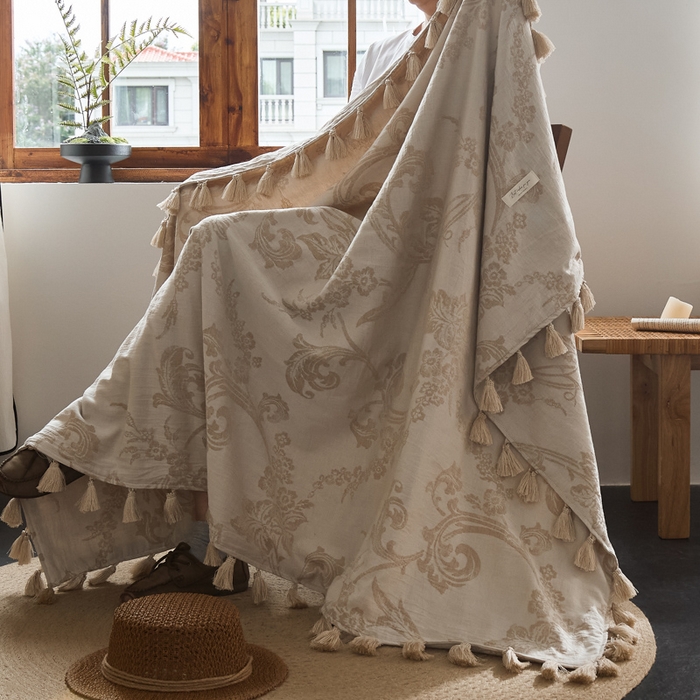 91家纺网 家纺一手货源 找家纺 大彩家居 2025新款棉麻流苏毯 暖雾