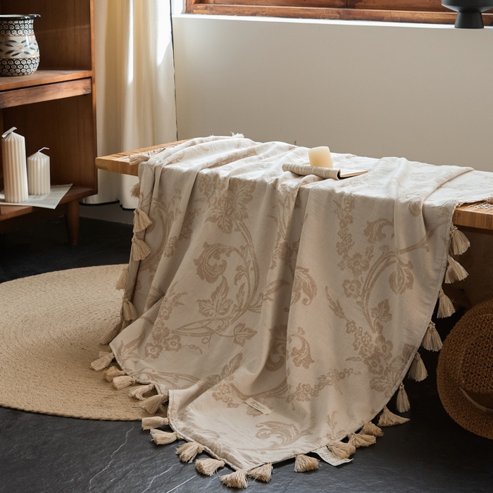 91家纺网 家纺一手货源 找家纺 大彩家居 2025新款棉麻流苏毯 暖雾