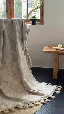 91家纺网 家纺一手货源 找家纺 大彩家居 2025新款棉麻流苏毯 暖雾