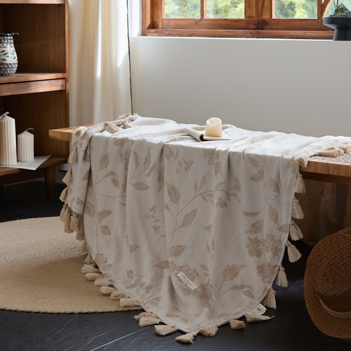 91家纺网 家纺一手货源 找家纺 大彩家居 2025新款棉麻流苏毯 森野