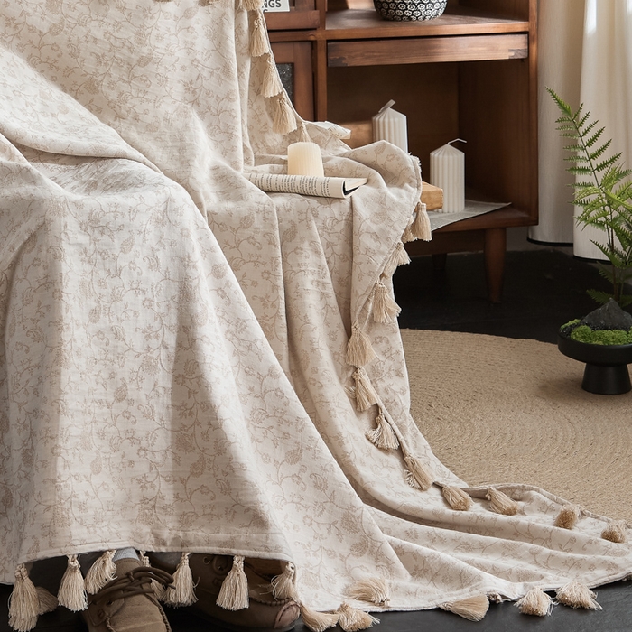 91家纺网 家纺一手货源 找家纺 大彩家居 2025新款棉麻流苏毯 ‌藤蔓