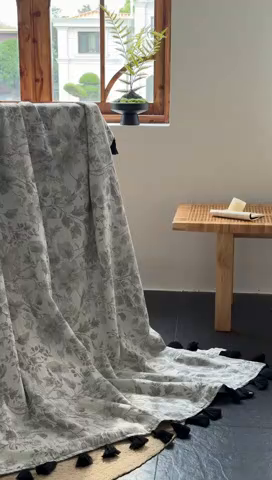 91家纺网 家纺一手货源 找家纺 大彩家居 2025新款棉麻流苏毯 繁花