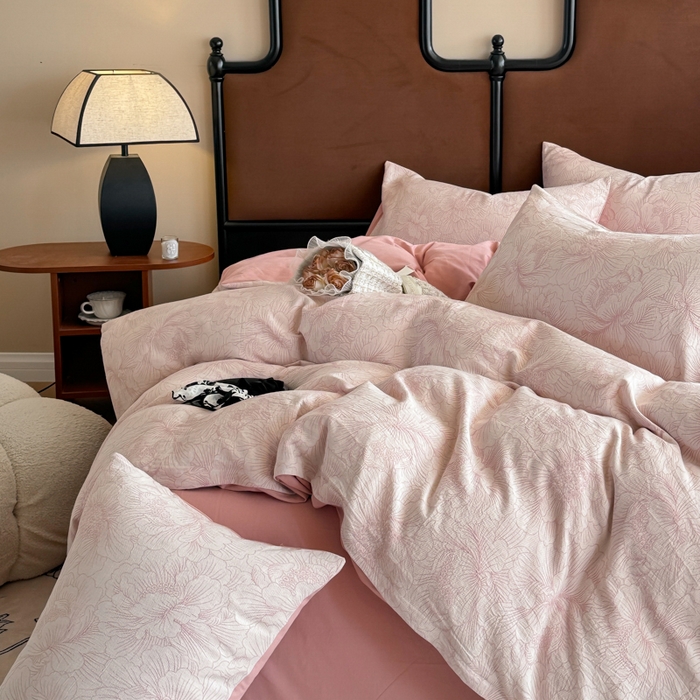 91家纺网 家纺一手货源 找家纺 眠博士 2025新款60s长绒棉纯棉提花磨毛四件套提花磨毛-繁花粉