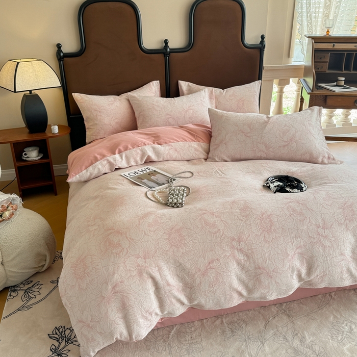 91家纺网 家纺一手货源 找家纺 眠博士 2025新款60s长绒棉纯棉提花磨毛四件套提花磨毛-繁花粉