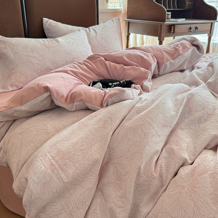 91家纺网 家纺一手货源 找家纺 眠博士 2025新款60s长绒棉纯棉提花磨毛四件套提花磨毛-繁花粉