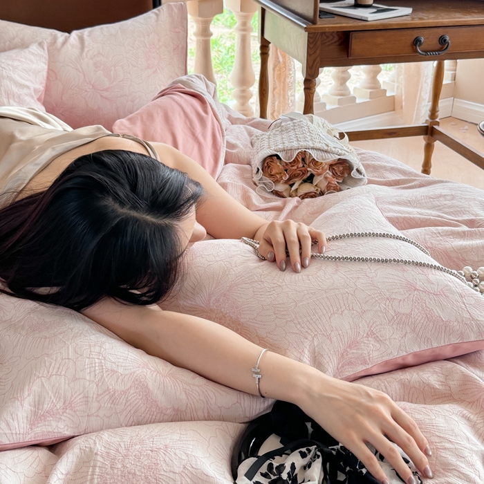 91家纺网 家纺一手货源 找家纺 眠博士 2025新款60s长绒棉纯棉提花磨毛四件套提花磨毛-繁花粉