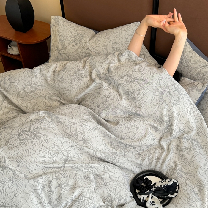 91家纺网 家纺一手货源 找家纺 眠博士 2025新款60s长绒棉纯棉提花磨毛四件套提花磨毛-繁花灰蓝