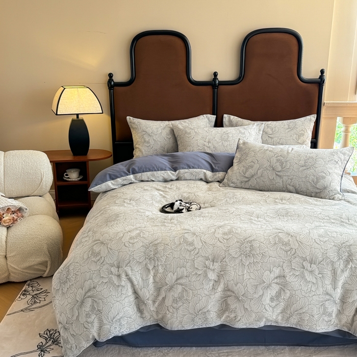 91家纺网 家纺一手货源 找家纺 眠博士 2025新款60s长绒棉纯棉提花磨毛四件套提花磨毛-繁花灰蓝