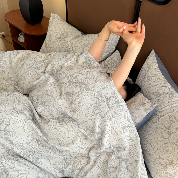 91家纺网 家纺一手货源 找家纺 眠博士 2025新款60s长绒棉纯棉提花磨毛四件套提花磨毛-繁花灰蓝
