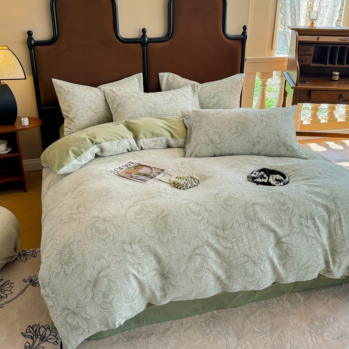 91家纺网 家纺一手货源 找家纺 眠博士 2025新款60s长绒棉纯棉提花磨毛四件套提花磨毛-繁花绿