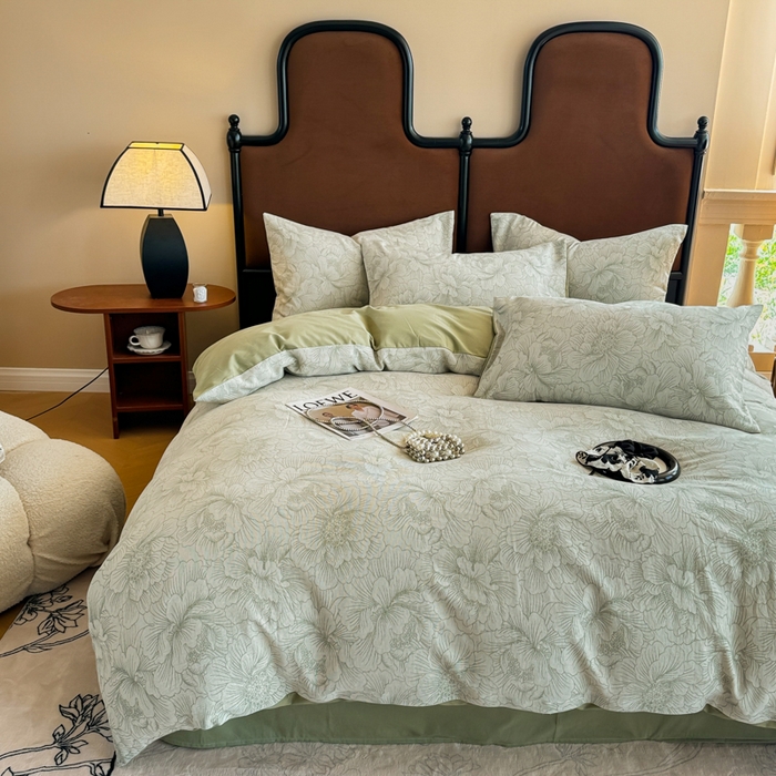 91家纺网 家纺一手货源 找家纺 眠博士 2025新款60s长绒棉纯棉提花磨毛四件套提花磨毛-繁花绿