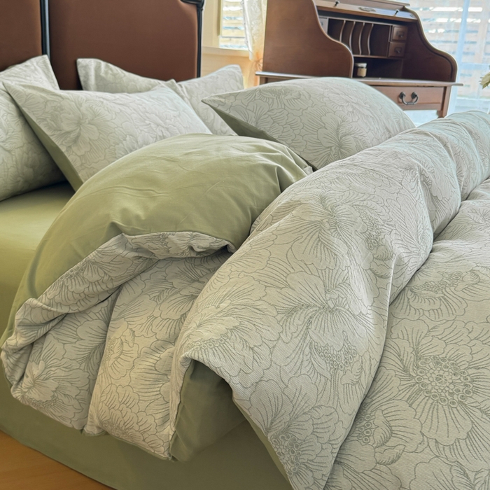 91家纺网 家纺一手货源 找家纺 眠博士 2025新款60s长绒棉纯棉提花磨毛四件套提花磨毛-繁花绿