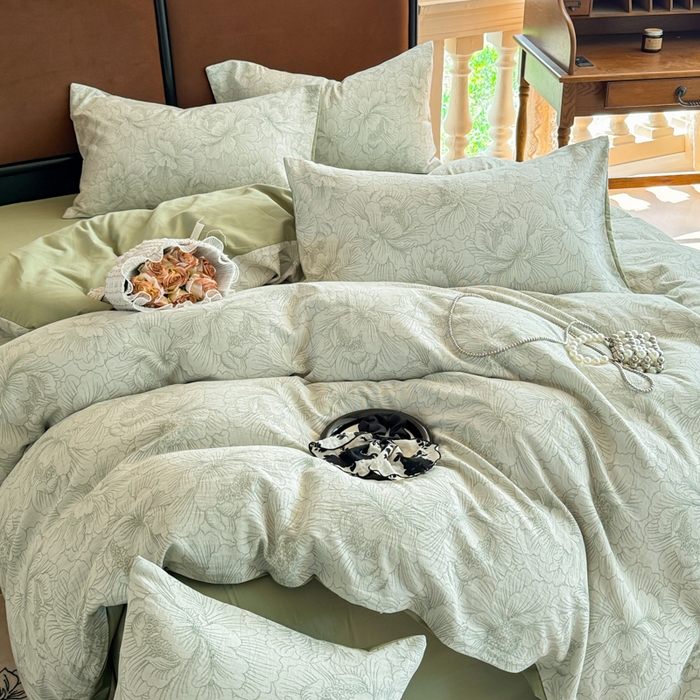 91家纺网 家纺一手货源 找家纺 眠博士 2025新款60s长绒棉纯棉提花磨毛四件套提花磨毛-繁花绿