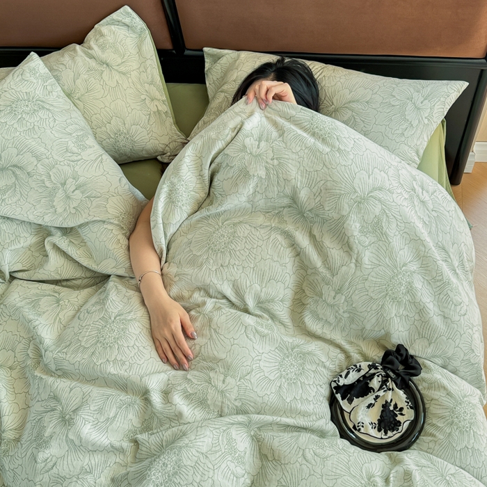 91家纺网 家纺一手货源 找家纺 眠博士 2025新款60s长绒棉纯棉提花磨毛四件套提花磨毛-繁花绿