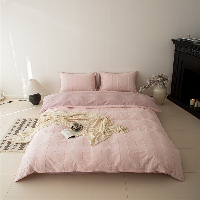 91家纺网 家纺一手货源 找家纺 （总）棉眠 2025新款全棉色织条纹水洗小提花四件套