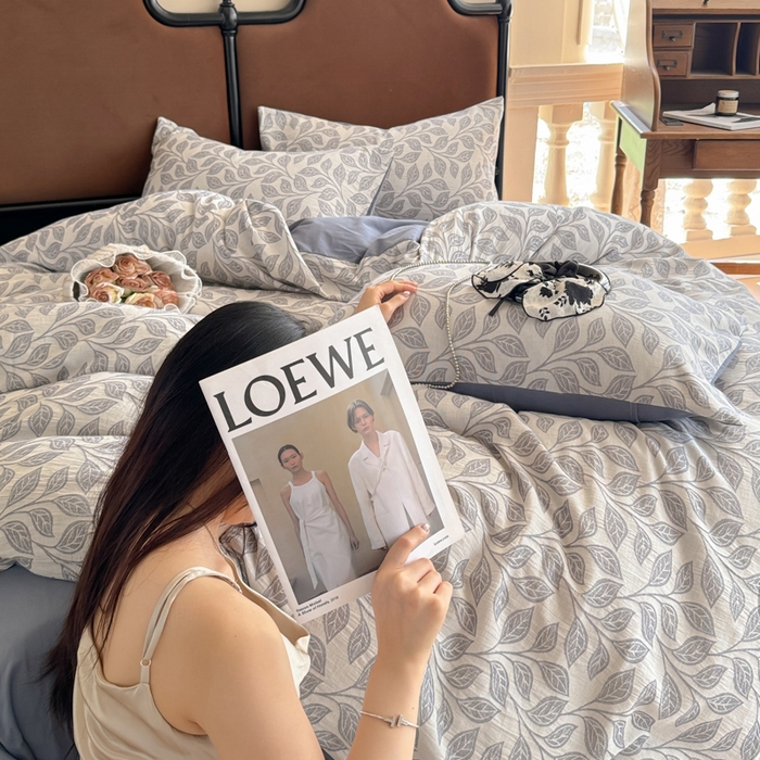 91家纺网 家纺一手货源 找家纺 眠博士 2025新款60s长绒棉纯棉提花磨毛四件套提花磨毛-锦棠蓝