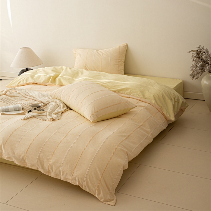 91家纺网 家纺一手货源 找家纺 棉眠 2025新款色织水洗小提花条纹四件套 序曲-黄