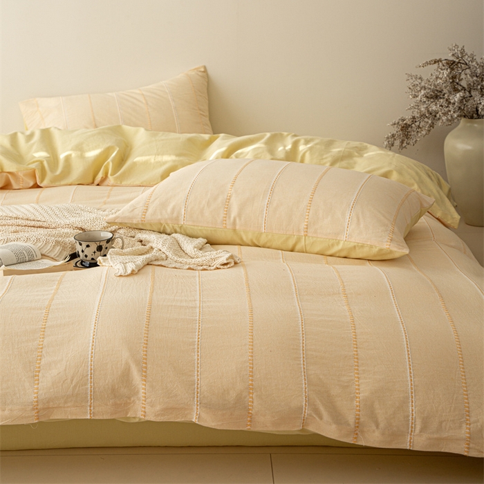 91家纺网 家纺一手货源 找家纺 棉眠 2025新款色织水洗小提花条纹四件套 序曲-黄