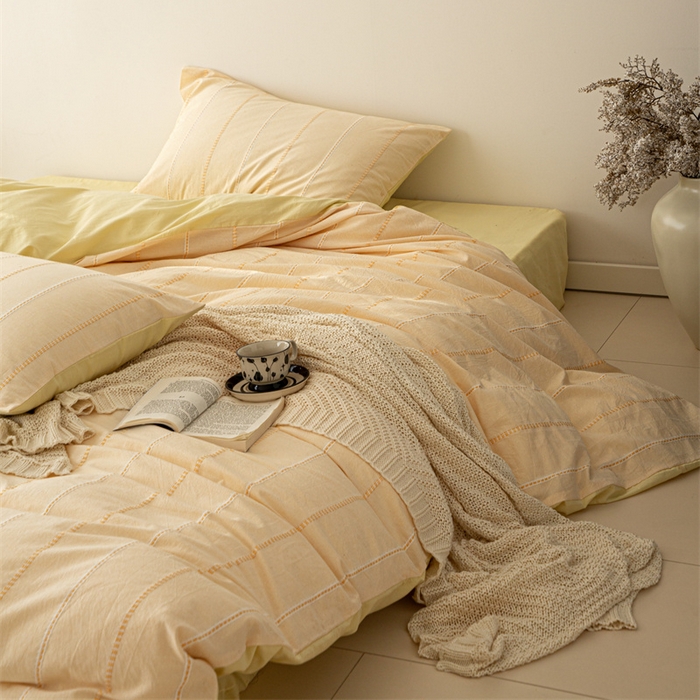 91家纺网 家纺一手货源 找家纺 棉眠 2025新款色织水洗小提花条纹四件套 序曲-黄