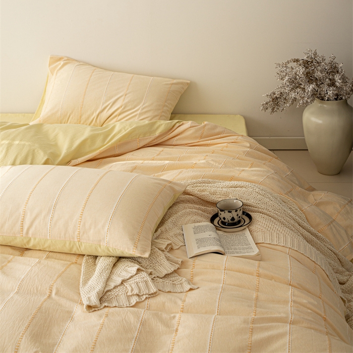 91家纺网 家纺一手货源 找家纺 棉眠 2025新款色织水洗小提花条纹四件套 序曲-黄