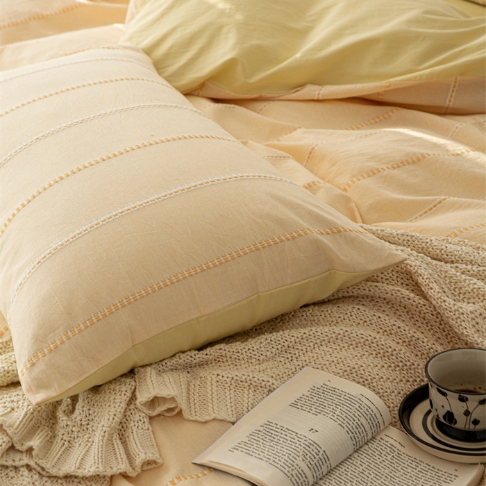 91家纺网 家纺一手货源 找家纺 棉眠 2025新款色织水洗小提花条纹四件套 序曲-黄