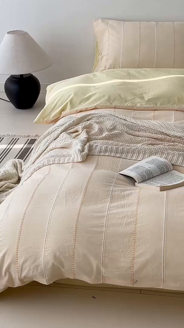 91家纺网 家纺一手货源 找家纺 棉眠 2025新款色织水洗小提花条纹四件套 序曲-黄