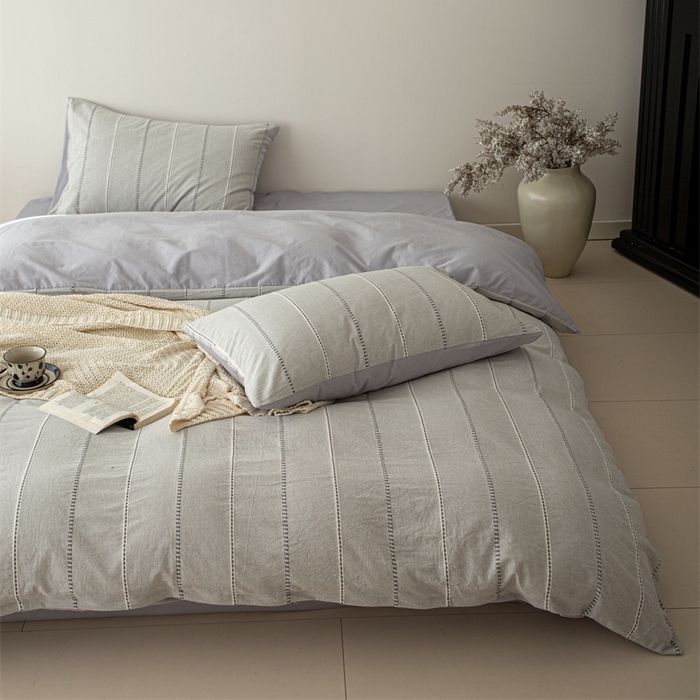 91家纺网 家纺一手货源 找家纺 棉眠 2025新款色织水洗小提花条纹四件套 序曲-灰