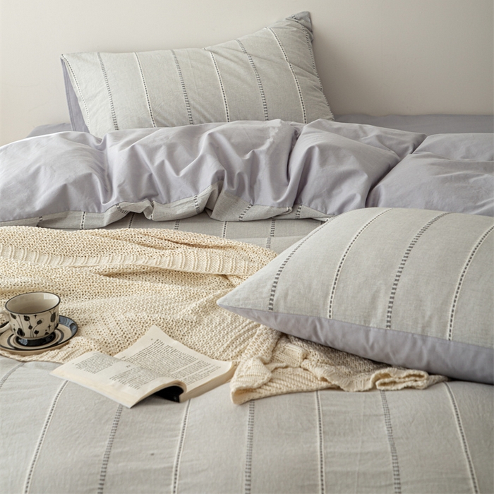 91家纺网 家纺一手货源 找家纺 棉眠 2025新款色织水洗小提花条纹四件套 序曲-灰