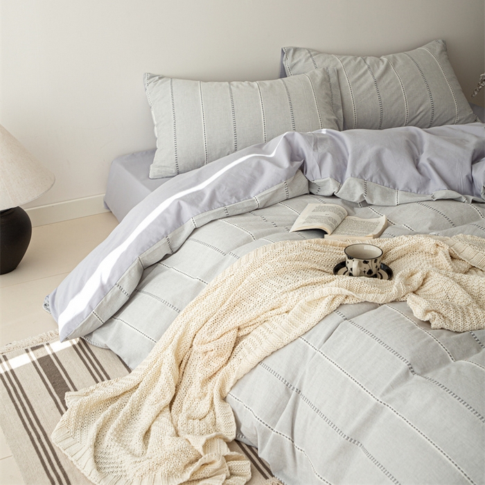 91家纺网 家纺一手货源 找家纺 棉眠 2025新款色织水洗小提花条纹四件套 序曲-灰