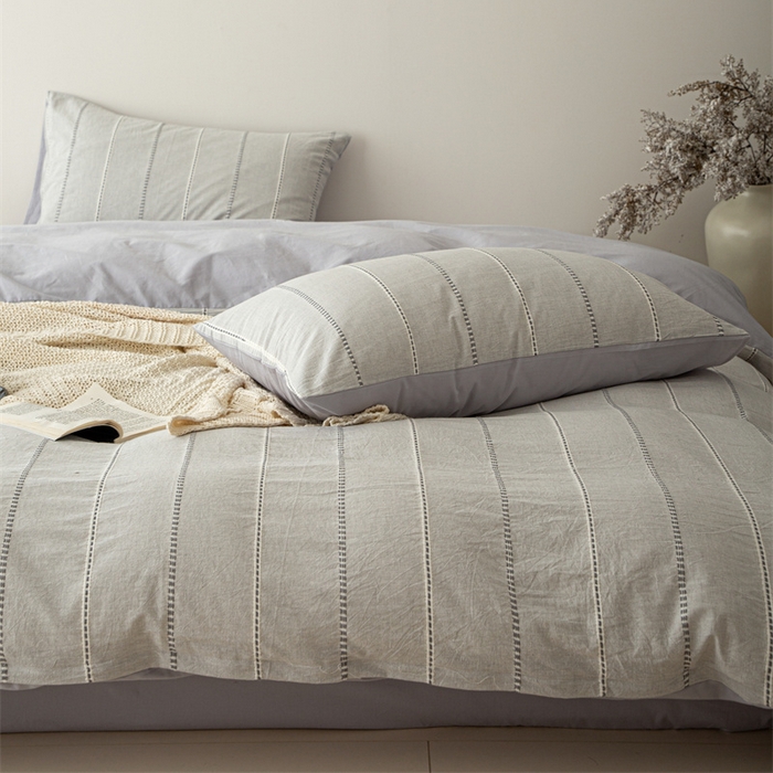 91家纺网 家纺一手货源 找家纺 棉眠 2025新款色织水洗小提花条纹四件套 序曲-灰