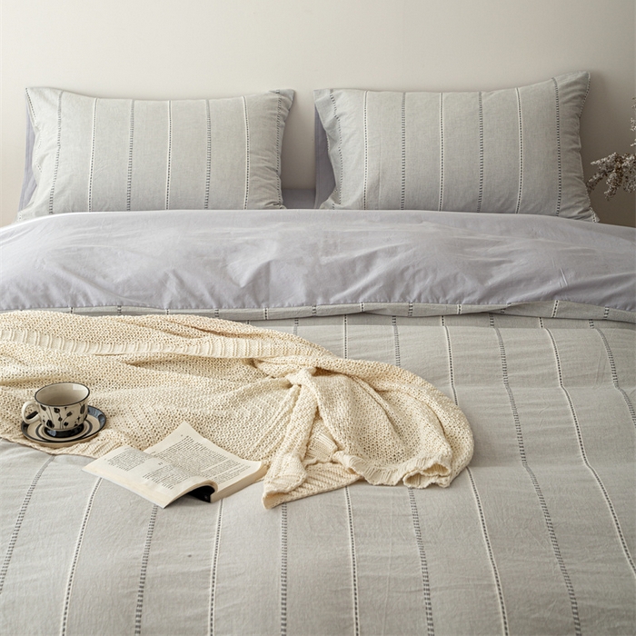 91家纺网 家纺一手货源 找家纺 棉眠 2025新款色织水洗小提花条纹四件套 序曲-灰