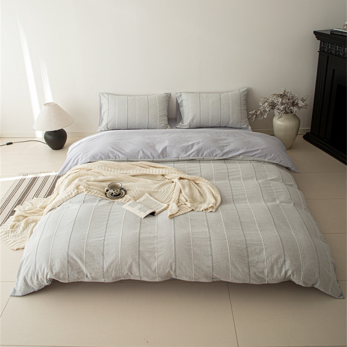 91家纺网 家纺一手货源 找家纺 棉眠 2025新款色织水洗小提花条纹四件套 序曲-灰