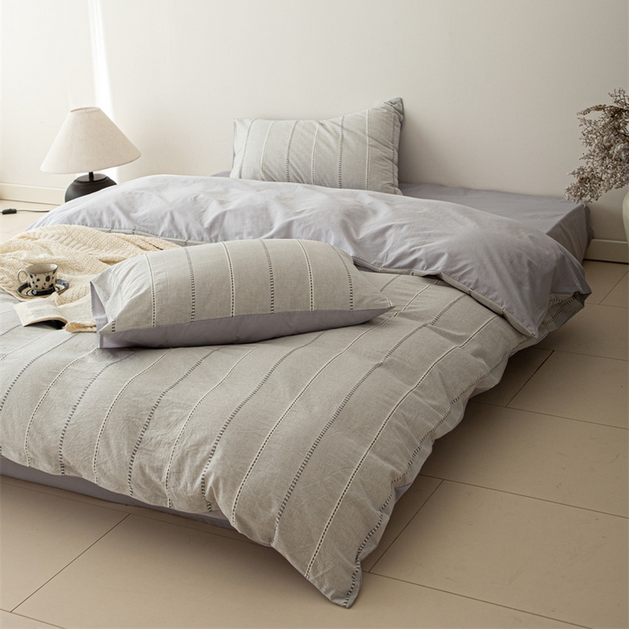 91家纺网 家纺一手货源 找家纺 棉眠 2025新款色织水洗小提花条纹四件套 序曲-灰