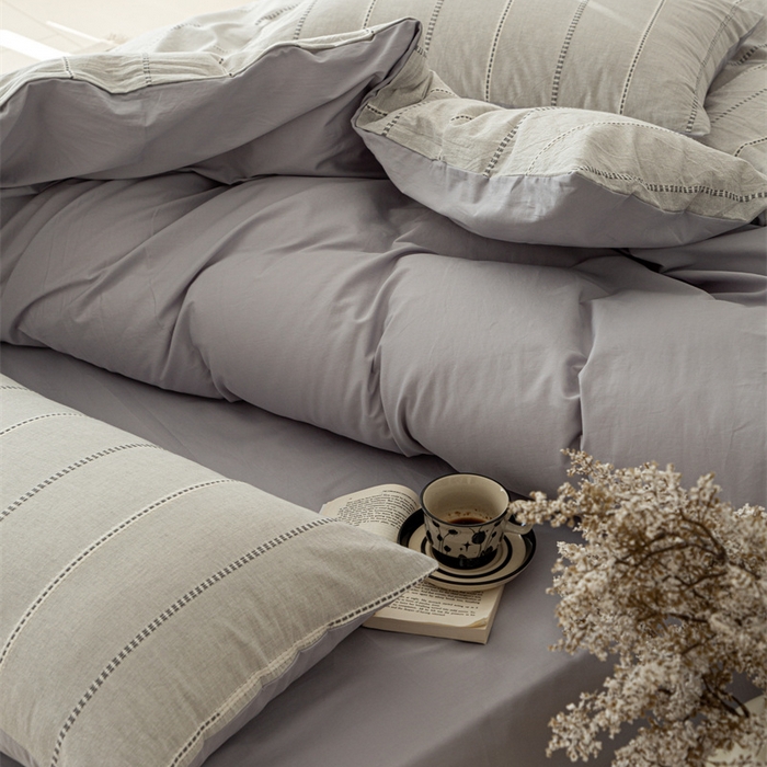 91家纺网 家纺一手货源 找家纺 棉眠 2025新款色织水洗小提花条纹四件套 序曲-灰