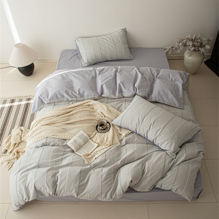 91家纺网 家纺一手货源 找家纺 棉眠 2025新款色织水洗小提花条纹四件套 序曲-灰